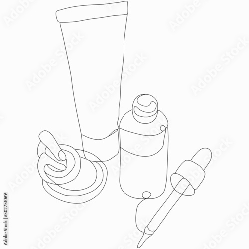 Beauty and care. Face and body cosmetics, jewelry. Serum for the face. Vector flat line art illustration. Vector element for decoration in the style of minimalism. Imitation of drawing by one line. 