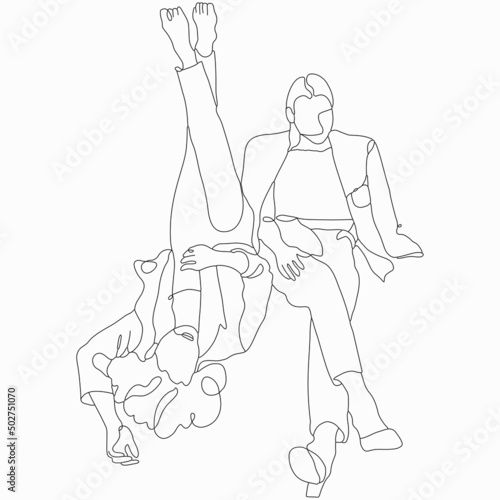 Young fashion couple. Street style. Happy Valentine's Day. LGBTQ+. Nice vector flat line art illustration. Vector element for decor. Lovers, romance. Fashion models. Imitation of drawing by one line
