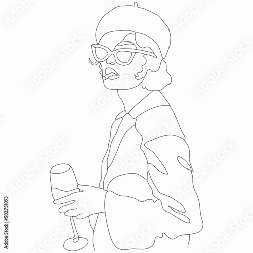 A woman in a beret with a cigarette and a glass in her hand. French street style. Nice vector flat line art illustration. Vector element for decoration in the style of minimalism. Fashion model. 