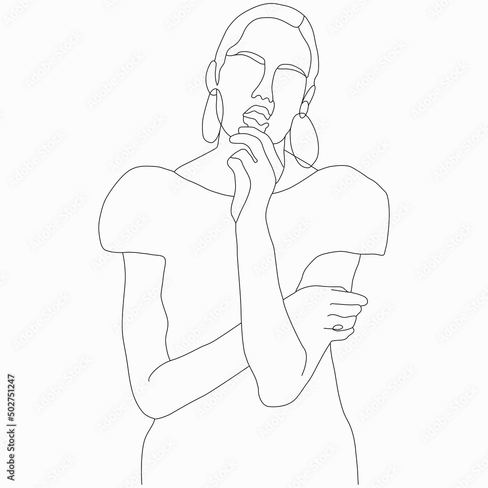 Fashion girl posing. Street style. Nice vector flat line art illustration. Vector element for decoration in the style of minimalism. Fashion model. Imitation of drawing by one line. Trendy look Fashion girl posing. Street style. Nice vector flat line art illustration. Vector element for decoration in the style of minimalism. Fashion model. Imitation of drawing by one line. Trendy look