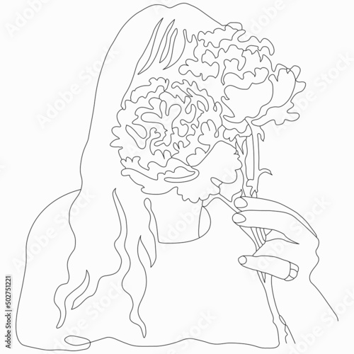 Fashion girl with flowers posing. Street style. Nice vector flat line art illustration. Vector element for decoration in the style of minimalism. Fashion model. Imitation of drawing by one line.