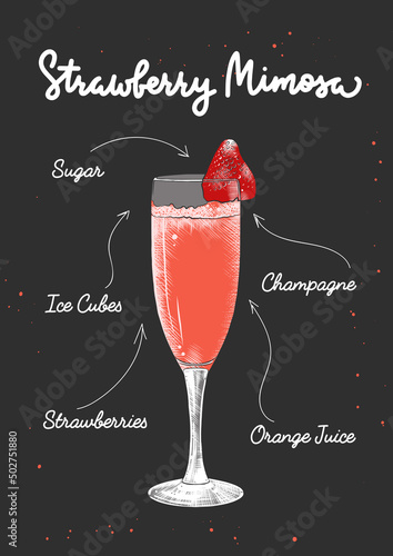Vector engraved style Strawberry Mimosa cocktail illustration for posters, decoration, logo and print. Hand drawn sketch with lettering and recipe, beverage ingredients. Detailed colorful drawing.
