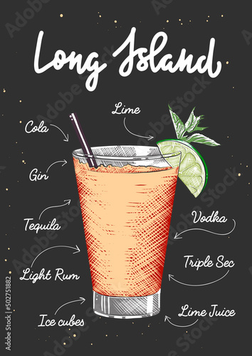 Vector engraved style Long Island alcoholic cocktail illustration for posters, decoration, logo and print. Hand drawn sketch with lettering and recipe, beverage ingredients. Detailed colorful drawing.