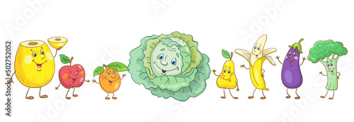 Set of funny fruits and vegetables. In cartoon style. Melon, apricot, banana, apple, pear, cabbage, broccoli, eggplant. Isolated on white background. Vector illustration.