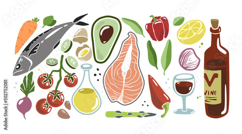 Hand Drawing Victor Colorful set Mediterranean Diet Food. Wine, lemon, pepper, salmon, oil, avocado, tomatoes in simple style. Use for your restaurant, cafe and menu design.