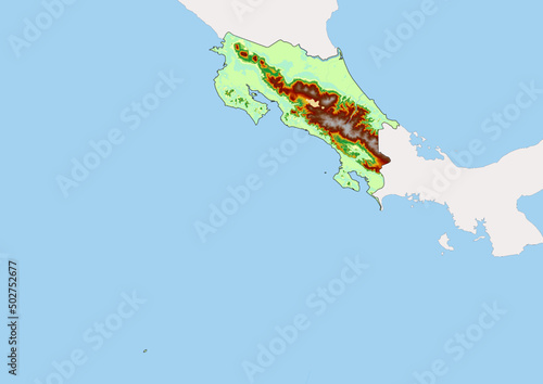 High detailed vector Costa Rica physical map, topographic map of Costa Rica on white with rivers, lakes and neighbouring countries. 