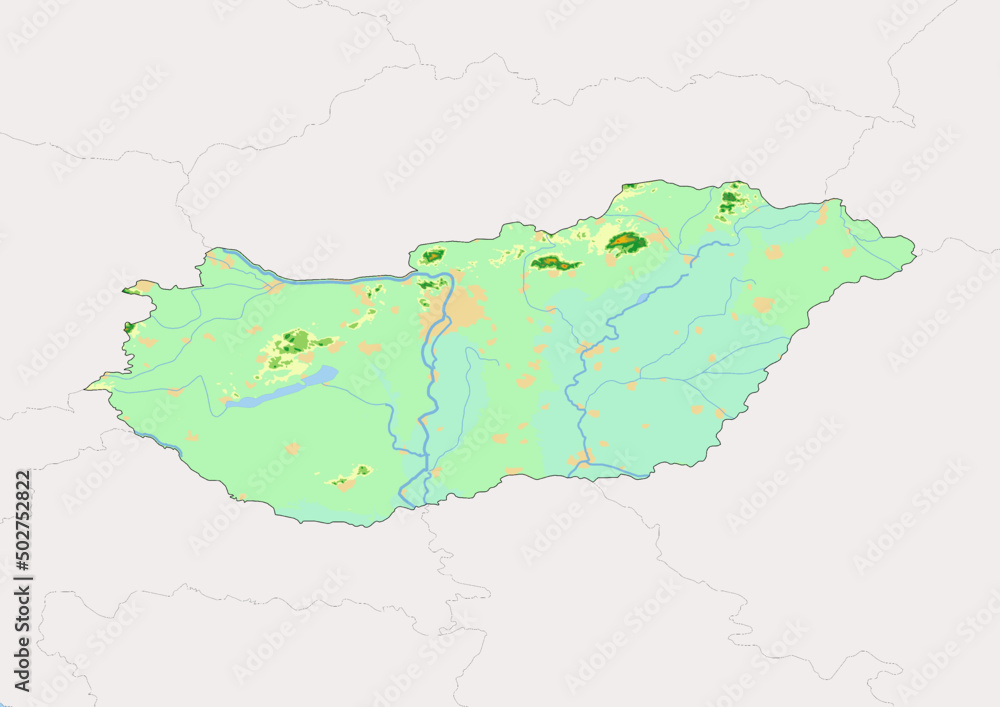 High detailed vector Hungary physical map, topographic map of Hungary