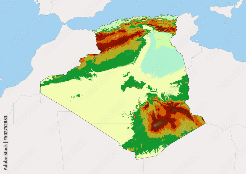 High detailed vector Algeria physical map, topographic map of Algeria ...