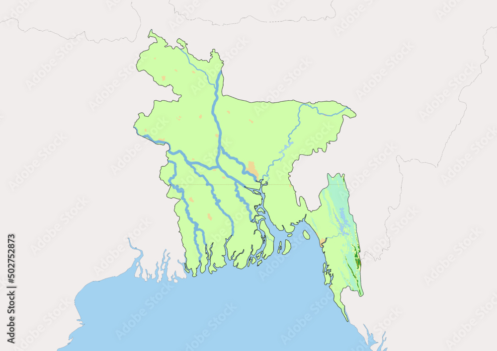 Obraz premium High detailed vector Bangladesh physical map, topographic map of Bangladesh on white with rivers, lakes and neighbouring countries. 
