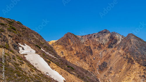 那須連山 朝日岳の岩壁と雪渓