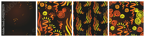 Firework and bonfire abstract seamless pattern set for midsummer; San Juan; Walpurgis; Guy Fawkes; eleventh night party. Colorful fire burst vector graphic on dark background.
