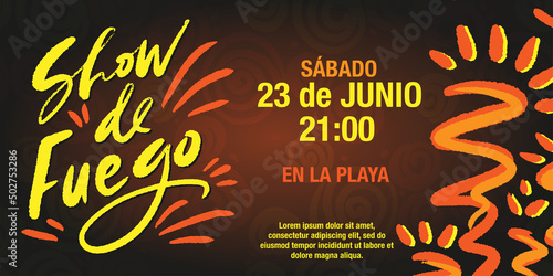 Show de fuego carta de invitación de colores negro y naranjo. Plantillas modernos y coloridos con tipografía y fuegos artificiales.