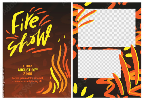 Midsummer fire show double sided flyer template with two photo frame masks, bonfire, flame clipart and modern calligraphy text on the dark background.  photo