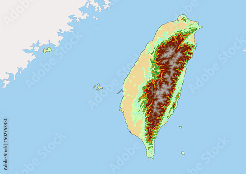 High detailed vector Taiwan physical map, topographic map of Taiwan on white with rivers, lakes and neighbouring countries. 