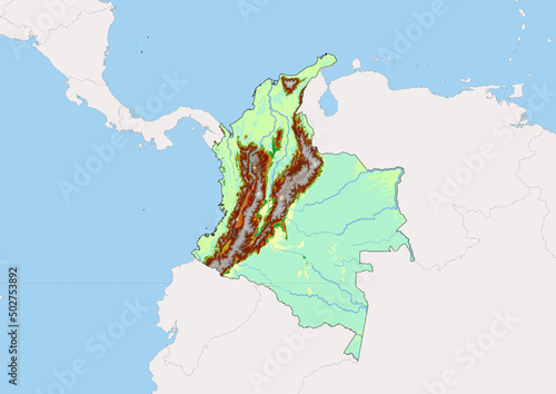 High detailed vector Colombia physical map, topographic map of Colombia on white with rivers, lakes and neighbouring countries. 