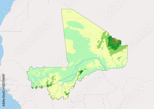 High detailed vector Mali physical map, topographic map of Mali on white with rivers, lakes and neighbouring countries. 