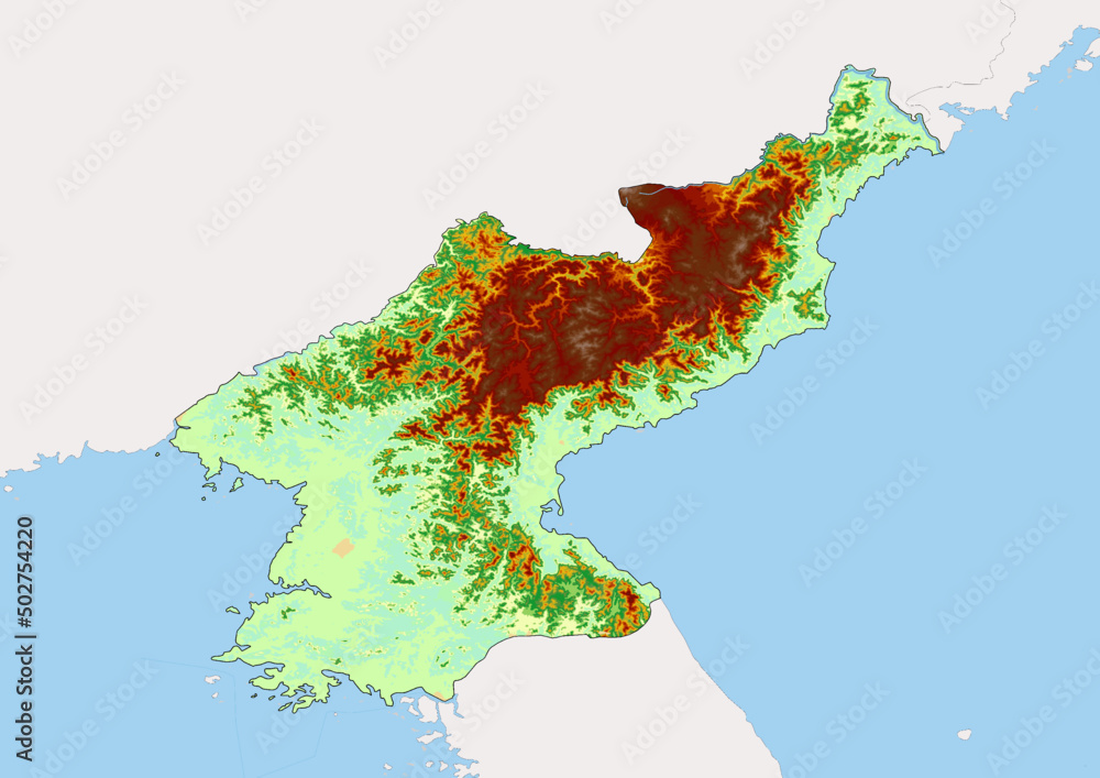 High detailed vector North Korea physical map, topographic map of North Korea on white with 