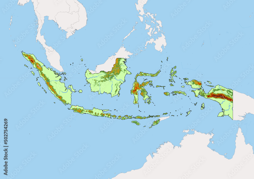 High detailed vector Indonesia physical map, topographic map of