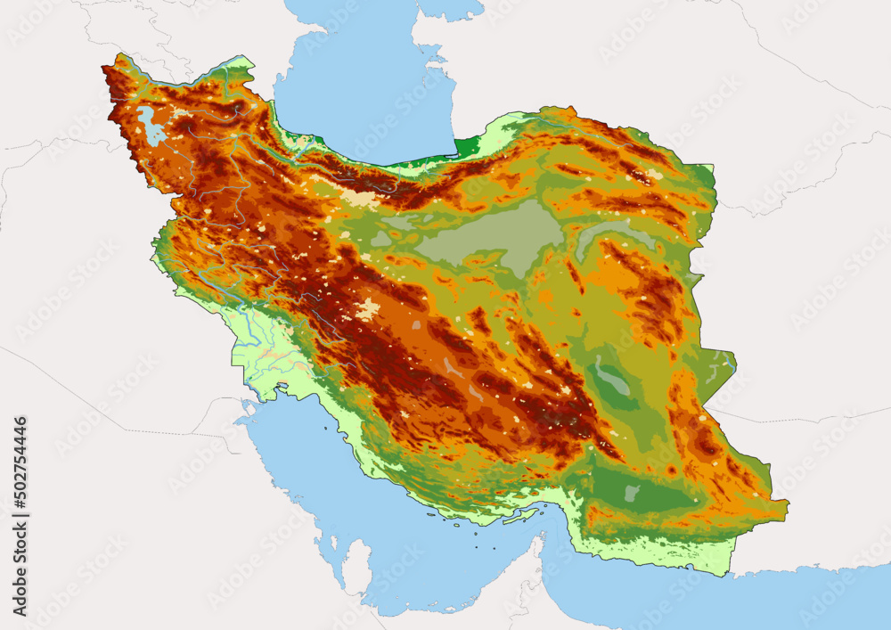 High detailed vector Iran physical map, topographic map of Iran on