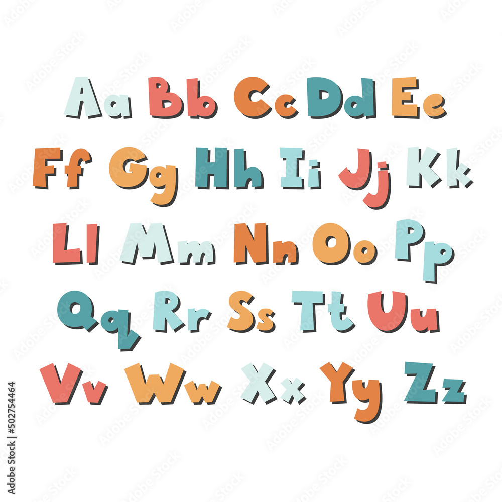 Cute colorful hand drawing English alphabet for kids. Creativechildren font for learning letters and decoration.