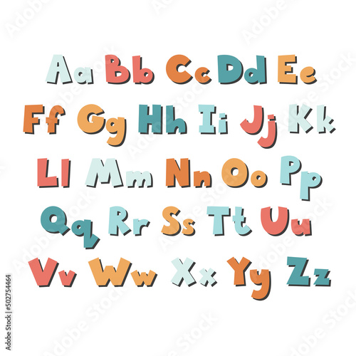 Cute colorful hand drawing English alphabet for kids. Creativechildren font for learning letters and decoration.