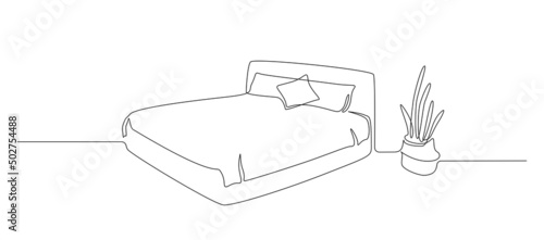 Continuous one line drawing of double bed with pillows and potted cactus on the floor. Modern furniture for stylish bedroom in simple linear style. Editable stroke. Doodle vector illustration