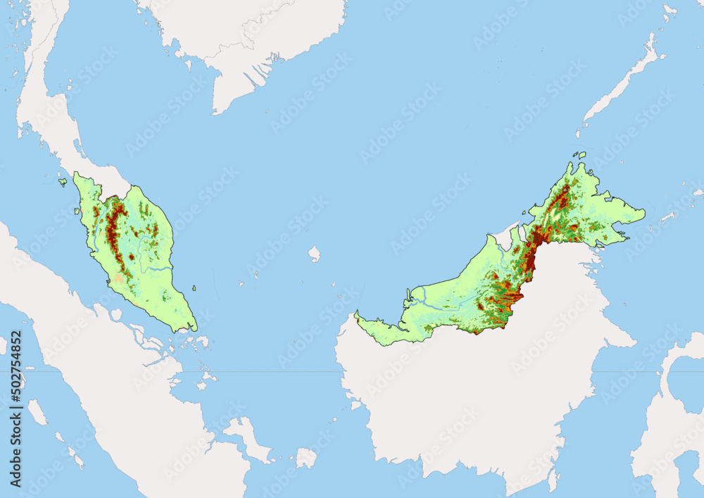 Obraz premium High detailed vector Malaysia physical map, topographic map of Malaysia on white with rivers, lakes and neighbouring countries. 