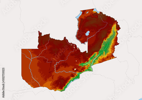 High detailed vector Zambia physical map, topographic map of Zambia on white with rivers, lakes and neighbouring countries. 