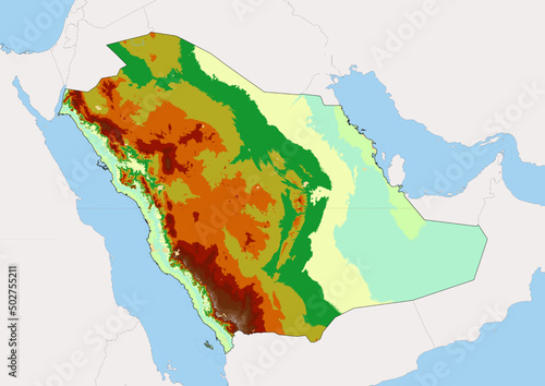 High detailed vector Saudi Arabia physical map, topographic map of Saudi Arabia on white with rivers, lakes and neighbouring countries. 