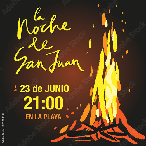 San Juan night, 23 of June beach fire show banner in Spanish language with bonfire clipart on the dark background. Banner template with fire and modern calligraphy. photo