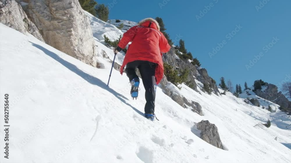 Hiker walks along steep snowy slope using crampons and trekking poles Hiker walks along steep snowy slope using crampons and trekking poles