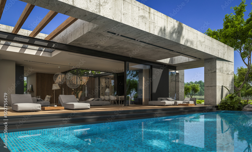 3d rendering of new concrete house in modern style with pool and parking for sale or rent and beautiful landscaping on background. The house has only one floor. Summer sunny day with clear blue sky.