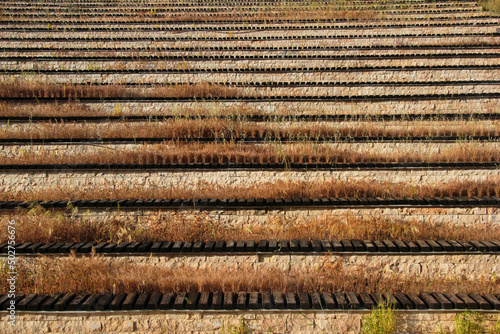 Abandoned wooden benches and bleachers overgrown with dry grass and weeds at an old stadium