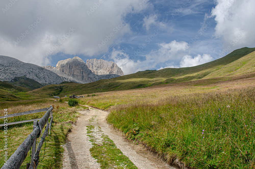 Catinaccio d'Antermoia/Kesselkogel mountain [in front] as seen from Val de Dona [Dona valley] below on trail from Dona pass to Dona refuge, Catinaccio mountain group, Dolomites, South Tyrol, Italy