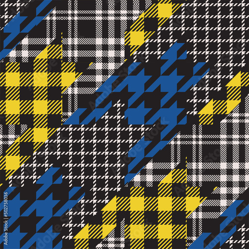 Houndstooth pattern patchwork. Lumberjack, tartan and glen check fabric swatch collage.