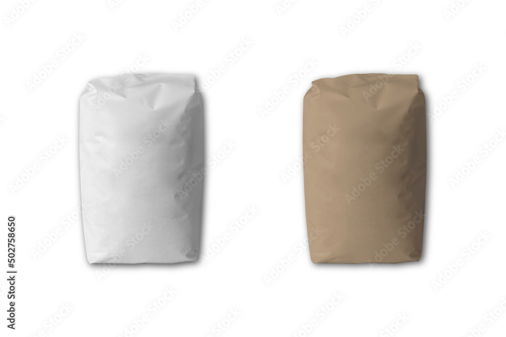 Blank white and brown Kraft paper flour bag packaging mockup isolated on white background. 3d rendering. eco friendly and zero waste concept. Blank white and brown Kraft paper flour bag packaging mockup isolated on white background. 3d rendering. eco friendly and zero waste concept.