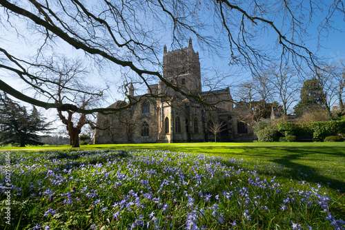 A low wide angle image of Tewkesbury Abbey with the beautiful blue foreground flowers and blue skies.
