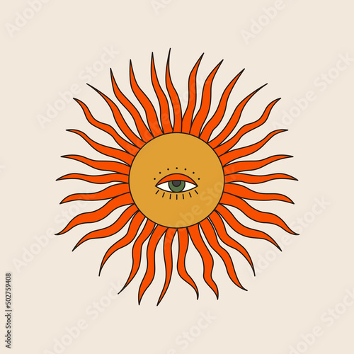70s vector psychedelic tattoo symbol. Retro groovy graphic element of sun with eye and wavy beams. Fortune teller hippy sticker. Vintage boho illustration