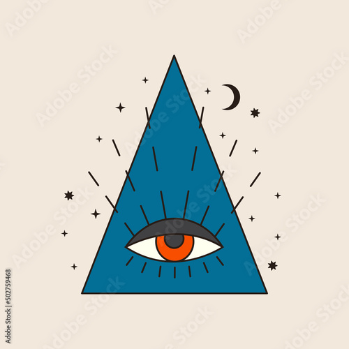 70s vector psychedelic tattoo religion symbol. Retro groovy graphic element of triangle with abstract eye. Fortune teller hippy sticker. Vintage boho illustration