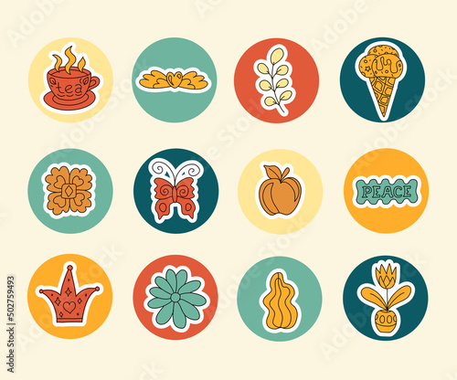 Story highlighting icons collection for social media. Round sticker set with funny drawn elements, groovy stickers. Trendy bohemian illustrations. Modern boho stickers for web, app and brand design.