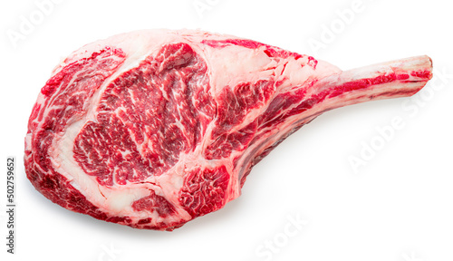 Fresh Tomahawk beef steak isolated on white background, Tomahawk beef steak on white background With clipping path. photo