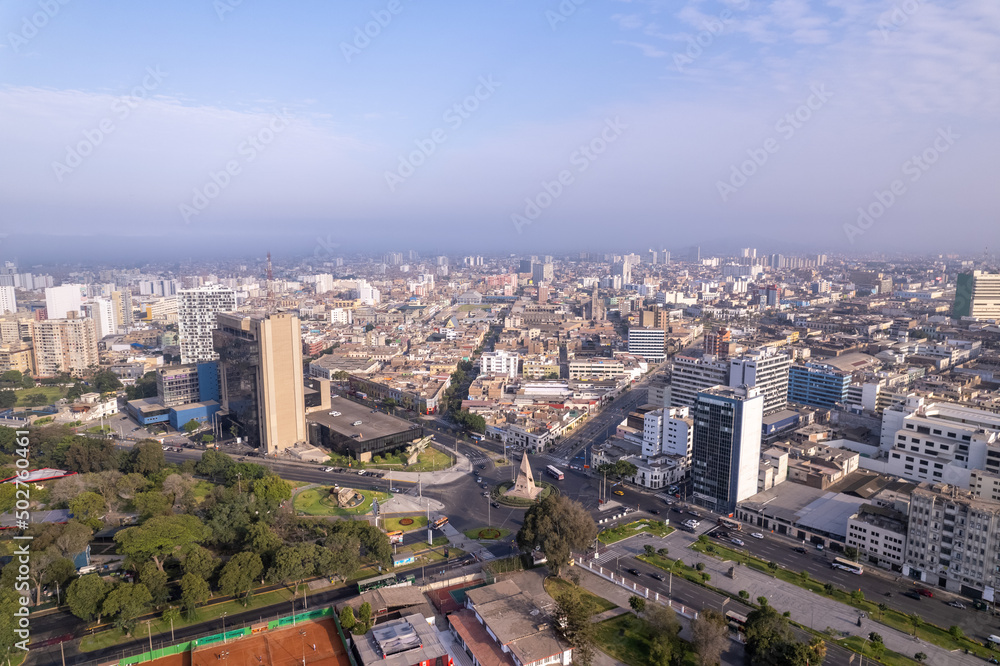 Aerial view of Avenida Arequipa and Avenida 28 de Julio in Lima, Peru.