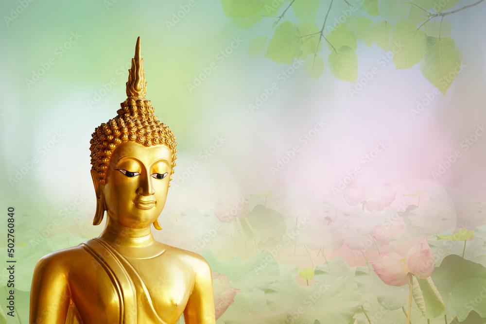 Buddha statue. background blurred flowers and sky with the light of the sun.Makha Bucha Day.Vesak Day.Asanha Bucha.Buddhist Lent. Buddha statue. background blurred flowers and sky with the light of the sun.Makha Bucha Day.Vesak Day.Asanha Bucha.Buddhist Lent.