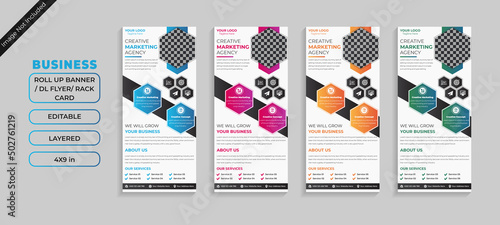 Rack Card or DL Flyer design template in three different colors blue orange pink. This geometric roll-up banner like flyer layout is used as an advert ad placard leaflet for promotion and publication