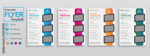Unique flyer templates set are in 4 design colors purple orange blue. This is a creative business flyer in modern used for corporate event conference infographic workshop promotion brochure poster photo