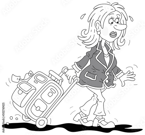Tired girl tourist hurrying for a flight with her roll-aboard suitcase, vector cartoon illustration isolated on a white background