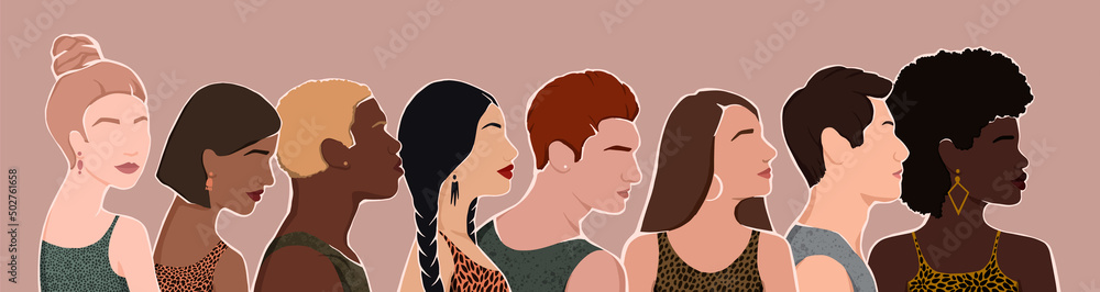 group of diverse people from different ethnic backgrounds are standing together. all people are equal. flat illustration.