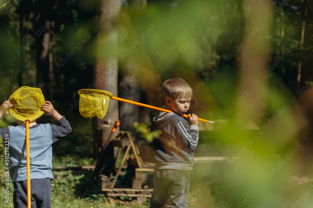 little boys with butterfly nets in countryside. Image with selective focus