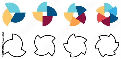 Circle divided into equal segments rotated and shifted off centre - version with three to six pieces, can be used as infographics element