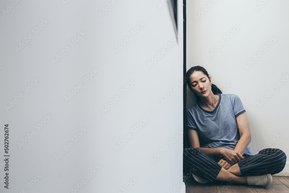sad serious illness woman.depressed emotion panic attacks alone sick people fear stressful crying.stop abusing domestic violence,help person with health anxiety,thinking bad frustrated exhausted - obrazy, fototapety, plakaty 